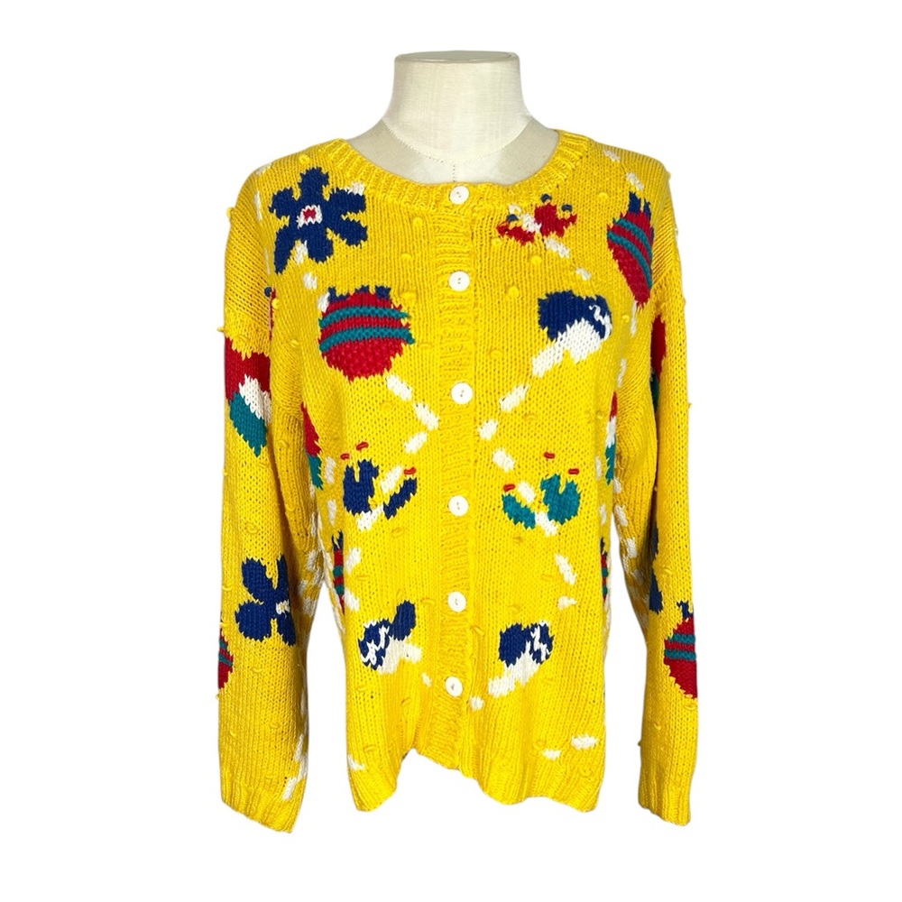 Vintage Jennifer Reed Hand Knit Yellow Floral Sweater size Small oversized fit